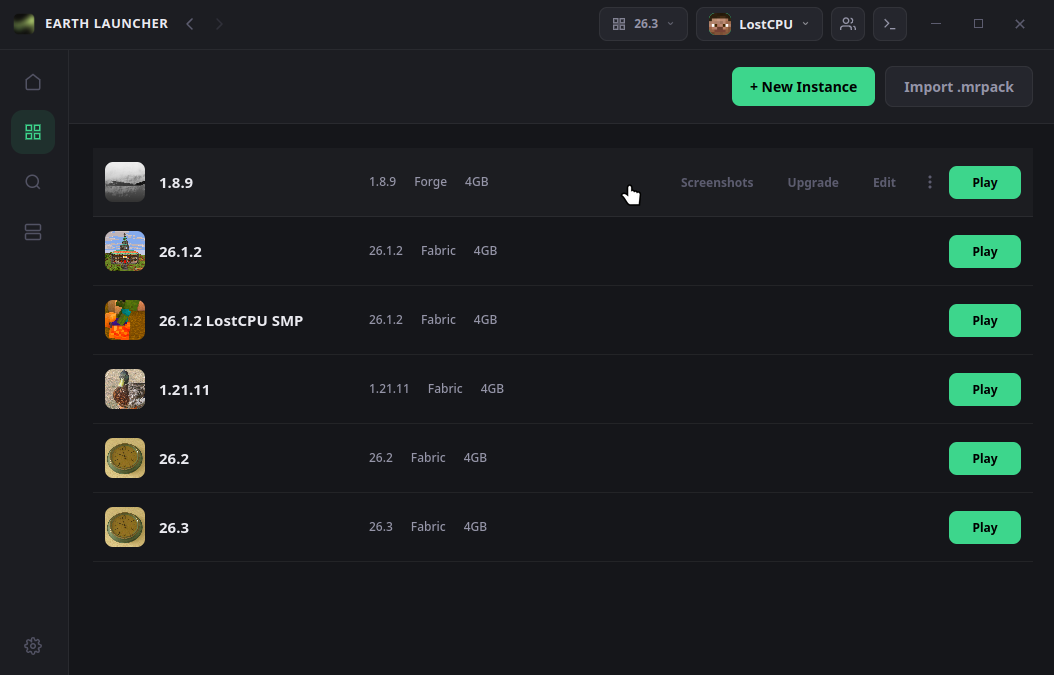 Instance management screen